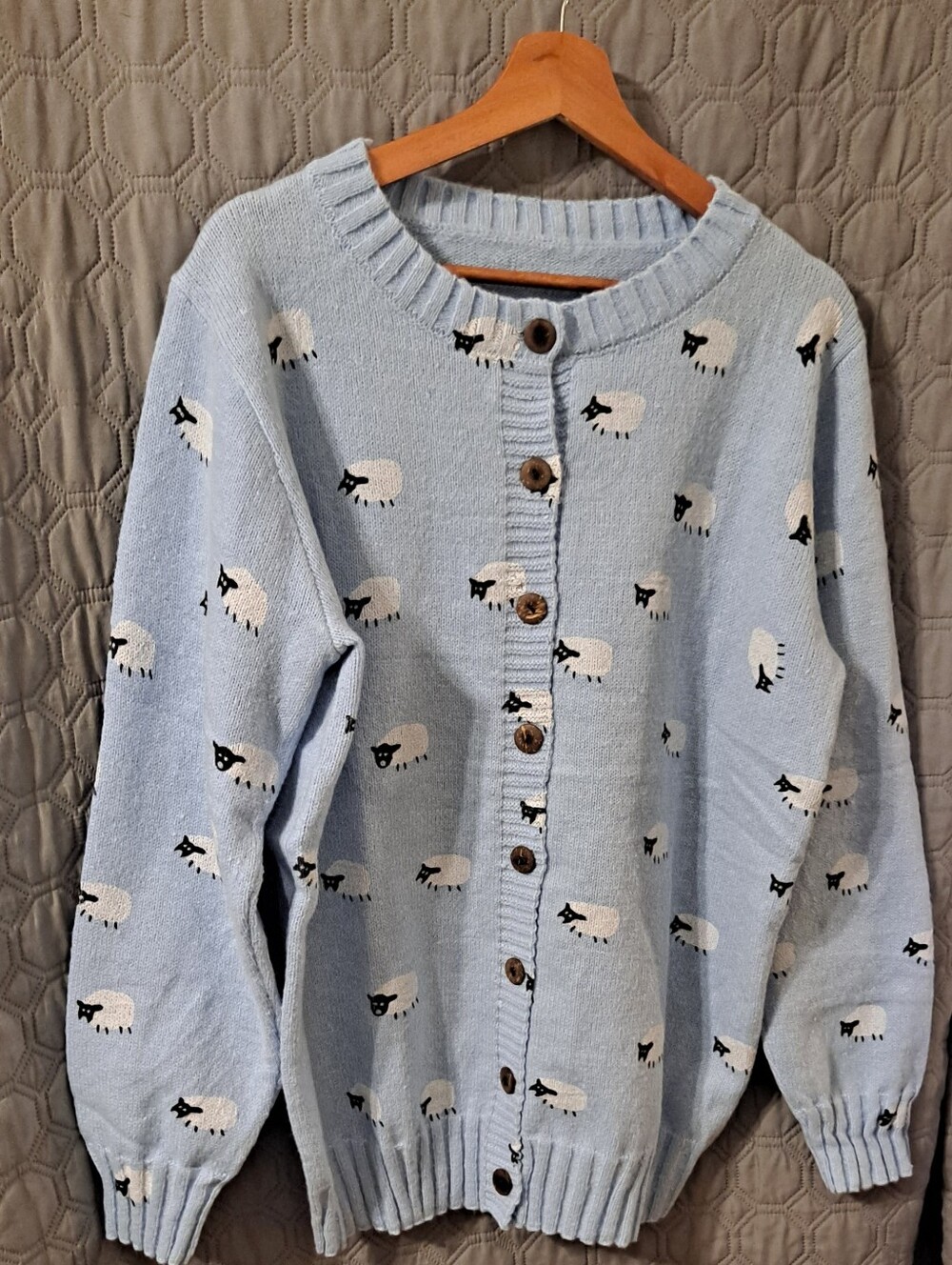 Light Blue Sheep-Print Button Front Sweater Cardigan Sz XXL